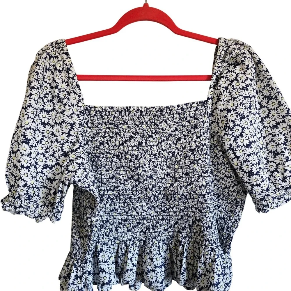 J. Crew XXL Smocked Peplum Top Navy White Floral‎ Puff Slv Square Neck 2X NEW